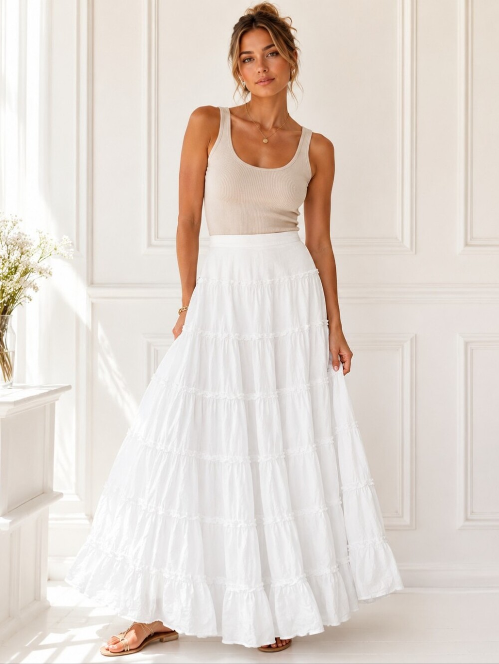 Free People | White 100% Cotton Tiered Maxi Skirt | Size Small Petite